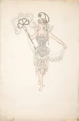 Kostymdesign för dam med fläkt, 1890-99.