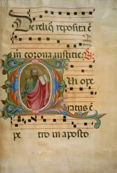 Upplyst initial med Saint Pauls gestalt (Corale 8, ca 163), för körbok 8 av Santa Maria degli Angeli