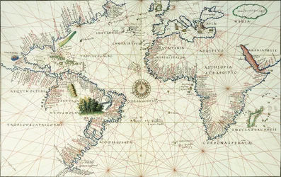 En karta över två sidor av Atlanten, som visar Nord- och Sydamerikas östkust, 1544