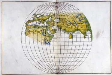 Eger. 2854. f.14v-15 Hemisfärisk karta över den gamla världen, från Europa och Afrika till Indien; visar divisionerna av Ptolemaios, ca 1540 (vellum)