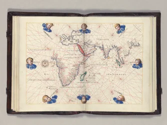 Fos. 11v-12r Diagram 3: Indiska oceanen, Portolans världsatlas, Venedig, ca 1542-46