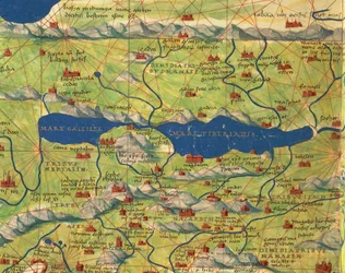 Heligt land, Israel och Palestina: Galileiska sjön och staden Tiberias, från Atlas of the World i trettiotre kartor, av Battista Agnese