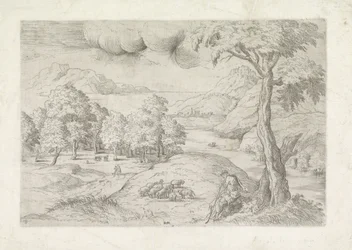 Panoramalandskap med ruiner, en stad och resenärer Landschap träffade herder