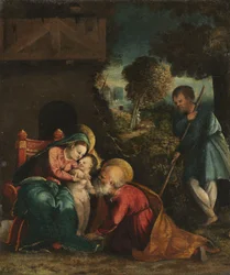 Den heliga familjen med en herde, tidigt 1520-tal (olja på duk)