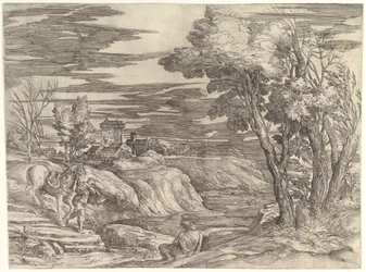 Landskap med en ryttare och hans brudgum, ca. 1552-61.
