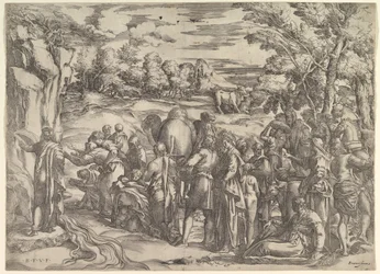 Moses drar vatten från klippan, till vänster med vatten som rinner, olika figurer och ..., ca. 1552-61.