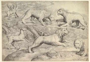 Sex djur, inklusive lejon, en tiger, en leopard, en griffin och en get, ca. 1530-61.
