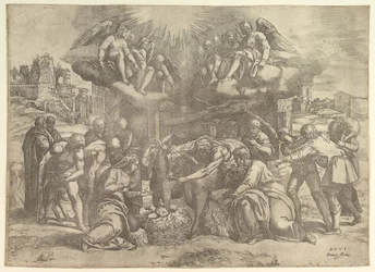 Herdarnas tillbedjan med änglar över huvudet, ca. 1530-61.