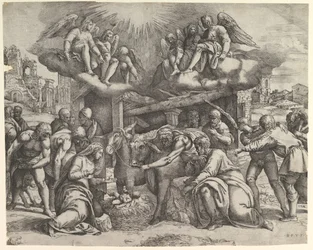 Herdarnas tillbedjan med änglar över huvudet, ca. 1530-61.