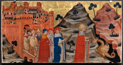 Påven St. Sylvester besegrar draken av tarpeian rock (tempera på panel)