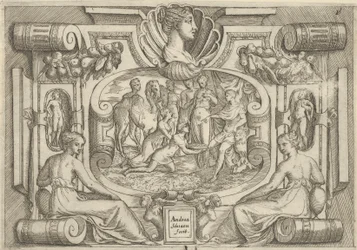En man och kvinna som erbjuder ett fat med mynt till en kung som sitter på en tron, satt med..., ca. 1540-80.