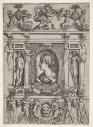 Byst av en kvinna i profil vänd åt vänster, inställd i en genomarbetad ram med figurer i n..., ca. 1540-80.
