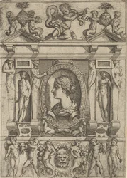 Byst av en kvinna i profil vänd åt vänster, inställd i en genomarbetad ram med figurer i n..., ca. 1540-80.