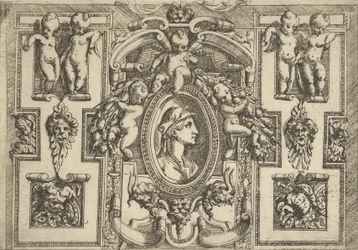 Byst av en kvinna i profil vänd åt höger, inställd i en utarbetad ram med putti, ..., ca. 1540-80.