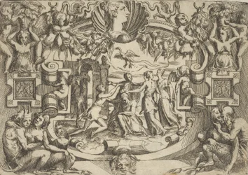 Fyra kvinnor som omger en sittande figur, en fågel ovanför dem, placerade i en utarbetad ..., ca. 1540-80.