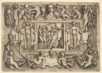 Den kumeiska sibyllan går till höger och bär en bricka, följt av tre kvinnor..., ca. 1540-80.