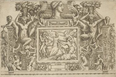 Kvinna sittande med armarna utsträckta, personifiering av Fame med trumpet till höger,..., ca. 1540-80.
