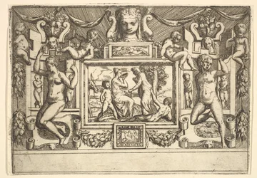 Ung kvinna som dricker ur en skål, en gammal kvinna som står framför henne, satt inom..., ca. 1540-80.