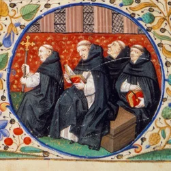 Scen av klosterliv. Detalj som representerar munkar av Dominikanerorden. Miniatyr hämtad från "" Timbok enligt bruken av Paris"" upplyst av Mästarens verkstad i Bedford. 1450. Paris, B.N.