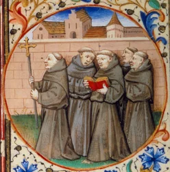 Scen av klosterliv. Detalj som föreställer munkar av Franciskanerorden. Miniatyr hämtad från "" Timbok enligt bruken av Paris"" upplyst av Mästarens verkstad i Bedford. 1450. Paris, B.N.