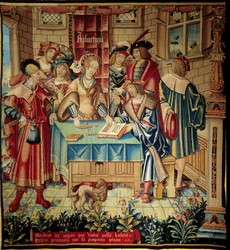 Förhänge som illustrerar de fria konsterna: Aritmetik. Gobeläng av ull och silke tillverkad omkring 1520 i Tournai. Mått 3,1 x 2,9 m. Paris, Nationalmuseet för medeltiden, Clunybaden