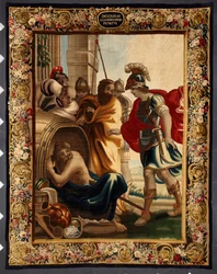 Diogene och Alexander: möte mellan den grekiske filosofen Diogene de Sinope (413-327 f.Kr.) i sin tunna och kung Alexander den store (356-323 f.Kr.) i Korinth. När erövraren frågade honom vad han ville, svarade Diogene: "Ta lite av min sol". Tappa