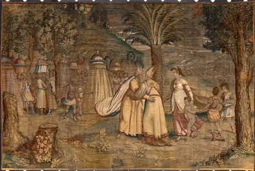 Jethro åtföljde sin dotter Sephora och hans barn träffade Moise Tapisseri av Dionys Martensz efter kartong av Luca Cambiaso (1527-1584) tillverkad av manufakturerna i Bryssel