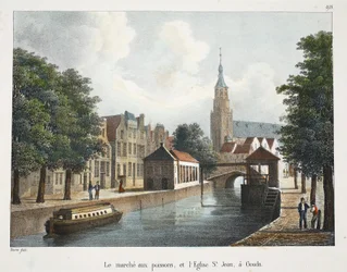 Fiskmarknaden och Johanneskyrkan i Gouda, ca 1895 (fotokrom)