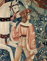Medeltiden: avfärden till falkjakt till häst. Detalj av en silkes- och ulltapet från början av 1500-talet. Från Hainaut. Paris, Nationella medeltidsmuseet, Clunybaden