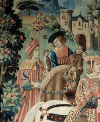 Medeltiden: avfärd till falkjakt till häst. Detalj av en vävd tapet i siden och ull från början av 1500-talet. Från Hainaut. Paris, Nationalmuseet för medeltiden, Thermes de Cluny