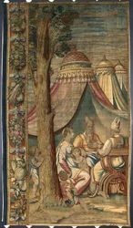 Moise med Jethro och Sephora Tapisseri av Dionys Martensz efter Luca Cambiasos (1527-1584) kartonger, tillverkade i manufakturerna i Bryssel 1561-1564 Dim. 391x141,2 cm Genes, Musei di Strada Nuova