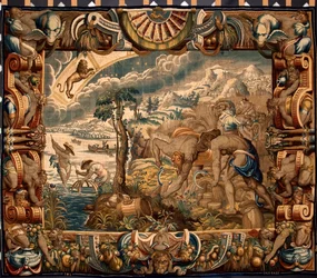 Augusti månad: "Skörden" Gobeläng av Jan Raes (verksam omkring 1610-1631) tillverkad av manufakturerna i Bryssel. 1600-talet Genes, Musei di Strada Nuova