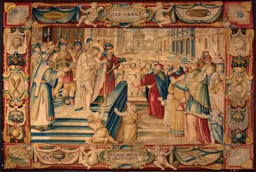 Kristi passion: Jesus är närvarande för folkmassan. Gobeläng tillverkad av tillverkarna i Bryssel. 1500-talsgener, Musei di Strada Nuova
