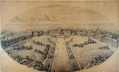 Perspektivvy av det kungliga palatset i Laeken och dess utvidgningar av arkitekten Charles Louis Girault (1851-1932)