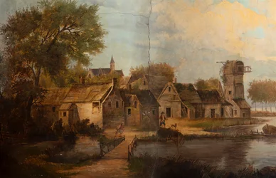 Andra bakre rummet på baksidan, mötesrum, väggmålningar med lantliga scener i klassisk stil, troligen från omkring 1810, scen 3