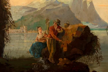 Andra bakrummet på baksidan, mötesrum, väggmålningar med lantliga scener i klassisk stil, troligen från omkring 1810, scen 5