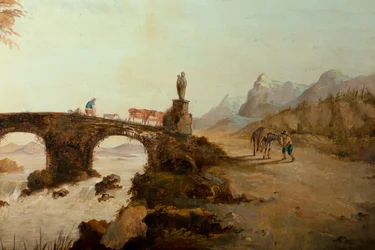 Andra bakrummet på baksidan, mötesrum, väggmålningar med lantliga scener i klassisk stil, troligen från omkring 1810, scen 1