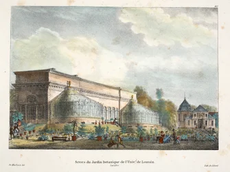Växthus i den botaniska trädgården vid Univ of Louvain, ca 1895 (fotokrom)