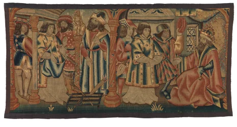 Gobeläng, två scener ur St Lawrences liv, möjligen gjorda i Tournai, Belgien eller Nedre Rheinland, Frankrike eller Tyskland