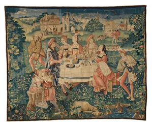 Gobeläng föreställande bankett i det fria, eller en utomhusmåltid i kärlekens trädgård, från Tournai, ca 1510 (ull och siden)