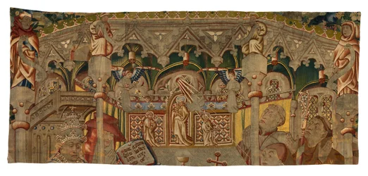 Gobelängfragment, föreställande ett mirakel av det heliga sakramentet, tillverkat i Tournai, Belgien