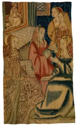 Gobelängfragment föreställande fem damer, möjligen tillverkat i Bryssel, Belgien, ca 1500 (ull)