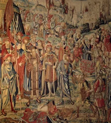 Tapet av David och Betsabee: Joabs vapen. Gobeläng baserad på en teckning av Jan Van Roome gjord i verkstäderna i Bryssel. 1500-talets Ecouen renässansmuseum
