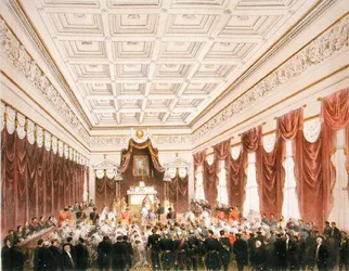Giftermålet mellan Maximilian av Hapsburg-Lorraine (1832-67) ärkehertig av Österrike och Charlotte Saxe-Cobourg-Gotha (1840-1927) prinsessan av Belgien, på Chateau de Bruxelles den 21 juli 1857 (färg litho)