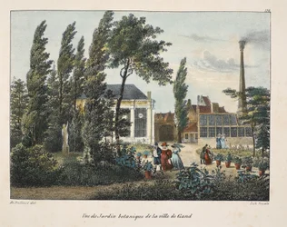 Utsikt över den botaniska trädgården i staden Gent, ca 1895 (fotokrom)