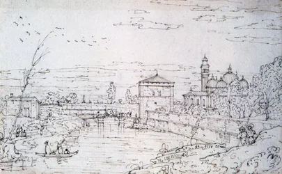 Vy över Padua med Porta Pontecorvo och kyrkan Santa Maria Giustina (penna, svart bläck och spår av krita)