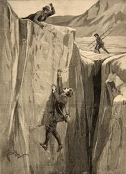 En turist som hänger i en spricka i Alperna, från "Le Petit Parisien", 23 augusti 1891.