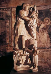 September, skulptur från Cycle of Months, av Benedict Antelami (1178-1233), Baptistery of Parma, Emilia-Romagna, Italien