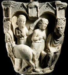 Salomo och drottning av Saba, av Benedict Antelami (1100-1200-talet), huvudstadsrelief, Parma-katedralen, Italien