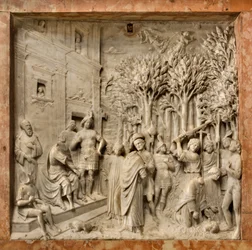 Krypten, ark av heliga Marcellinus och Peter Exorcist, Benedetto Briosco 1506-08, halshuggningen av de heliga Marcellinus och Peter